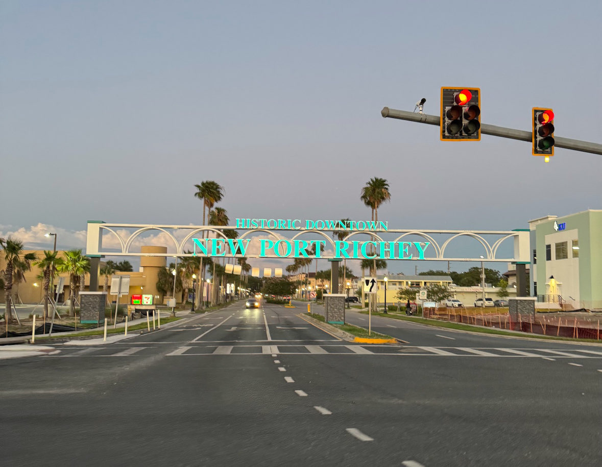 New Port Richey Floridas new Welcome sign spanning across the main city entrance from Route 19 in Pasco County