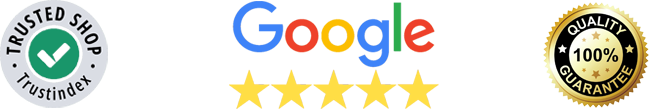 Trustindex Trusted Shop badge, Google five-star rating, and 100% quality guarantee seal